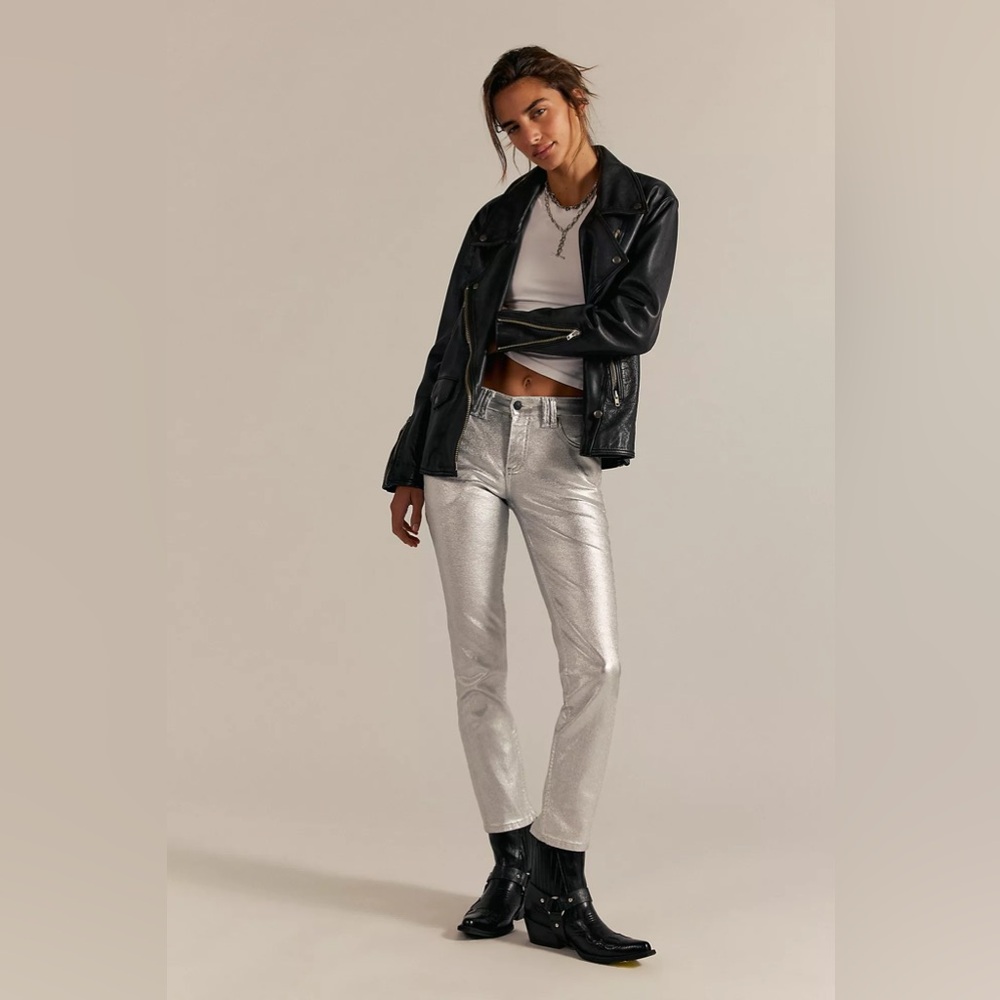 NWOT Free People Oracle Metallic Low-Rise Slim Straight Jeans